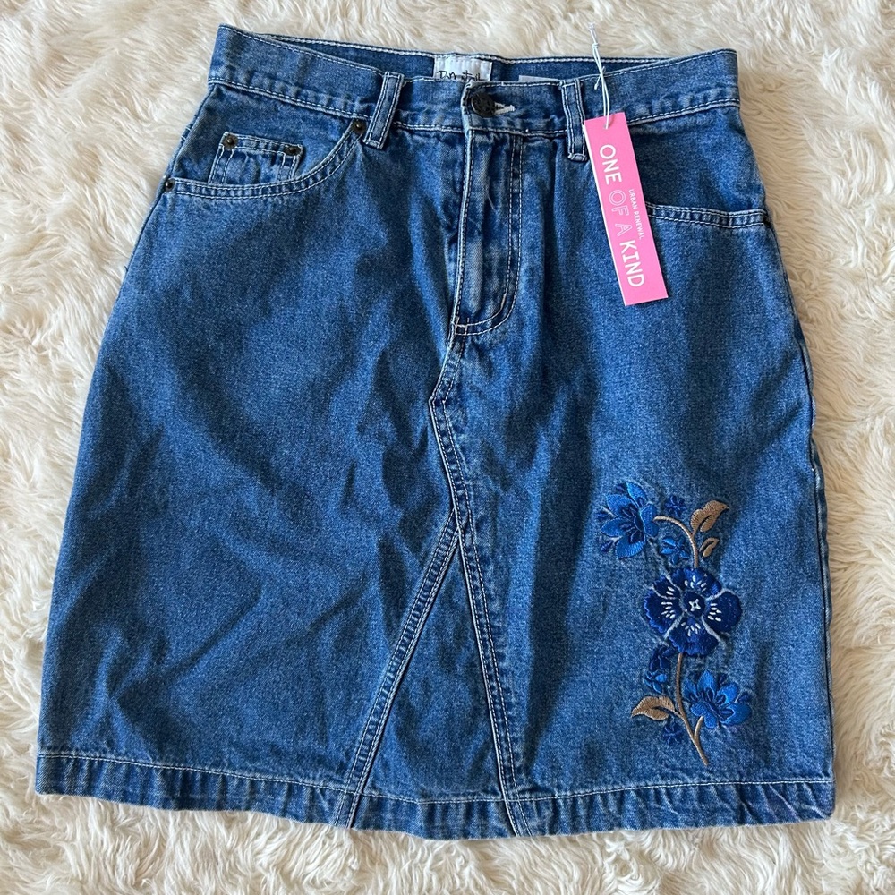 Vintage Denim Skirt with Blue Floral Design